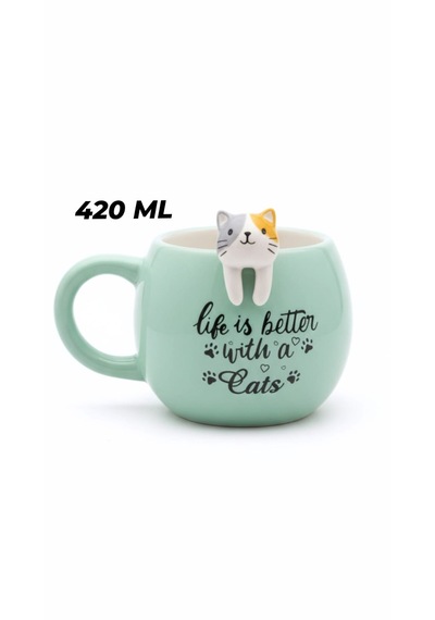 Kedi Figürlü Mug Kupa 420 Ml Yazılı Seramik Kupa Sevimli Cat Mug Hediye Kupa Bardak Mint Yeşili