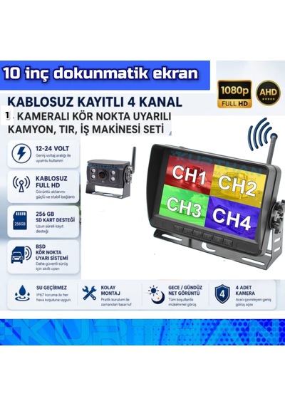10 İnç Dokunmatik 1 Adet Kablosuz Kamera Ahd 1080p Dvr Monitör Bsd Kör Nokta Sistemli 12 24 V
