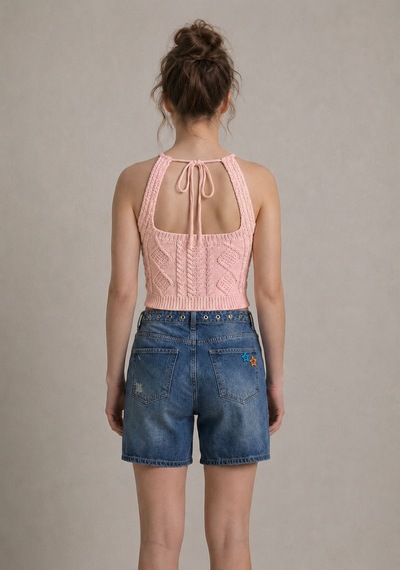 Neden Tekstil Kadın Triko Örme Halter Yaka Crop Bluz - Somon