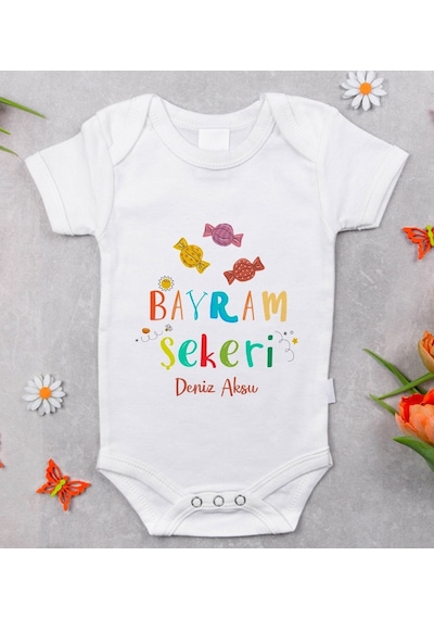 Bitmeyenkartus Bk Kids Isimli Bayram Şekeri Tasarımlı Bebek Body Zıbın - Model 1 Beyaz