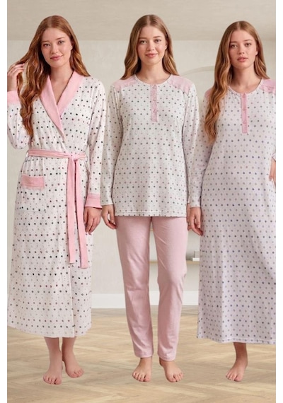 Mecit Pijama Mecit 6360 Pembe Kadın Sabahlık Pijama Gecelik Set