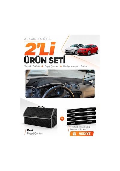 E-biz Seat Ibıza 2008-2017 Uyumlu Torpido Örtüsü + Deri Bagaj Çantası Seti - Siyah-gri - Se004