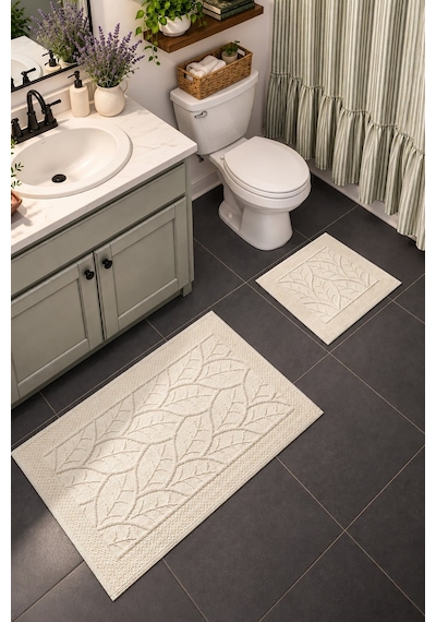 Sakura Sk013a Doğal Pamuk 2'li Banyo Paspas Seti 60x100 60x50cm Kaymaz Taban Makinada Yıkanabilir Kemik