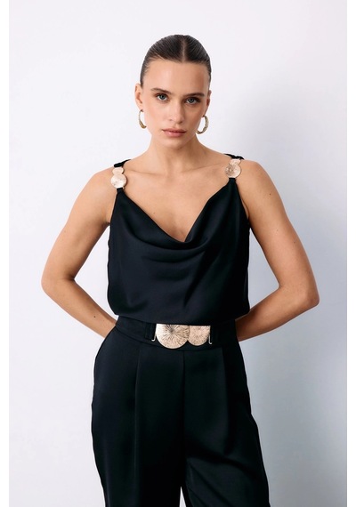 Sateen Aksesuarlı Krep Saten Pantolon Siyah
