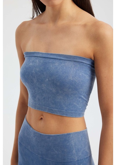 Hiccup Asit Yıkanmış Straplez Nervürlü Crop Top Peygamber Çiçeği Mavisi