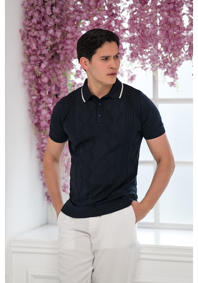 Advante Slimfit Kolları Lastikli Likralı Desenli Polo Yaka Triko T-shirt Lacivert