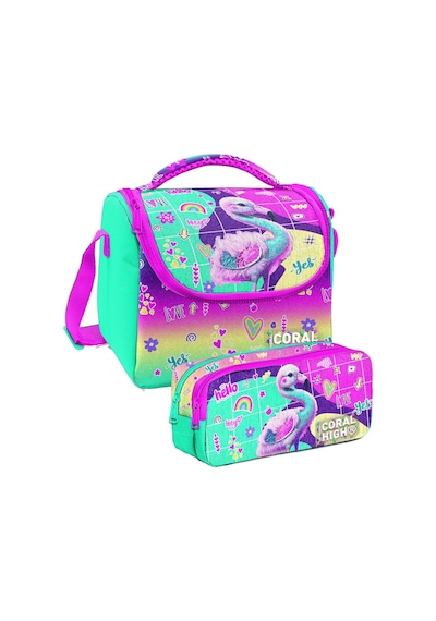 Coral High Pembe Su Yeşili Flamingo Desenli Kız Çocuk Isı Yalıtımlı Beslenme Çantası Ve Kalemlik Seti