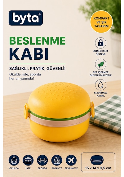 Beslenme Kabı Kilitli Kapaklı Lunch Box Hamburger Desen Bpa Free Çocuk Beslenme Kutusu Sarı