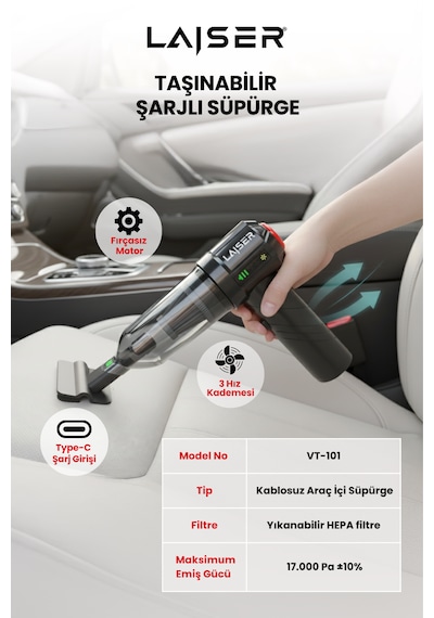 Laiser Mini, Katlanabilir Led Ekranlı 17.000 Pa 3ın1 Çekme-vakum-üfleme Özellikli Şarjlı Araç Süpürgesi Siyah