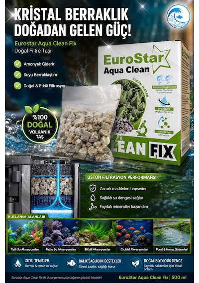 Eurostar Aqua Clean Fix 500 Ml Doğal Filtre Taşı - Amonyak Giderici Ve Su Berraklaştırıcı Filtre Malzemesi - File Hediyeli - Üstün Performans