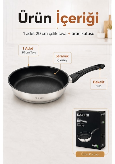 20 Cm Seramik Kaplamalı Paslanmaz Çelik Bakalit Kulplu İndüksiyon Uyumlu Tava Gümüş