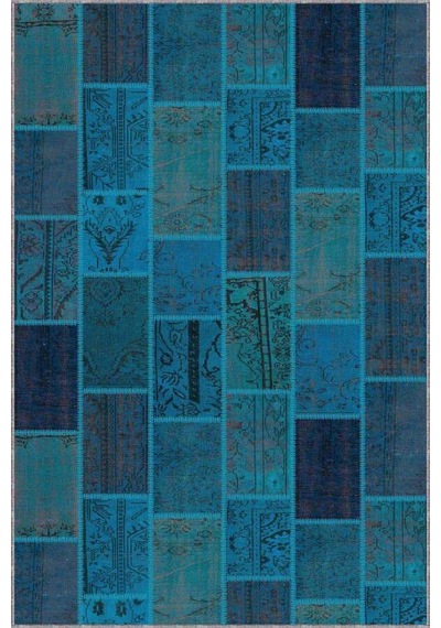 Turkuaz Patchwork Kaymaz Tabanlı Dekoratif Halı Rv225n11