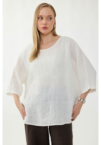 Vitrin %100 Keten Geniş Yaka Oversize Kısa Kol Bluz Krem