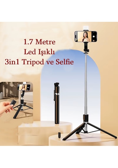 R1s-l 3in1 Bluetooth Kumandalı 170cm Tripod Işıklı Selfie Çubuğu