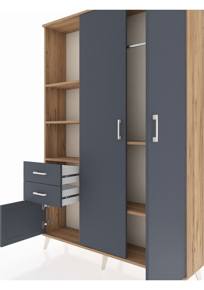 Arges Dolap 5 Raflı 2 Çekmeceli Tek Askılı 132x30x195 Çam-antrasit/antrasit Antrasıt/antrasıt