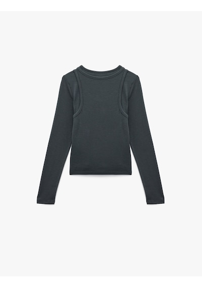 Koton Slim Fit Atlet Görünümlü Bisiklet Yaka Uzun Kollu Tişört Antrasit 6wal10429ık Antrasit