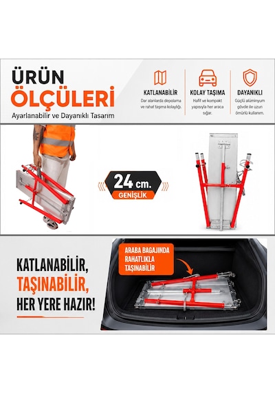 Alüminyum Gövdeli Çelik Ayaklı Teleskopik Katlanır İnşaat İskelesi - 400 Kg Taşıma Kapasitesi 80x24x100cm