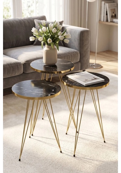 Odera Bendir Siyah Mermer Desenli Oval Orta Sehpa Ve Yuvarlak Zigon Sehpa 4'lü Set Pvc Kenarlı Metal Ayaklı Retro Modern Salon Sehpası Diğer
