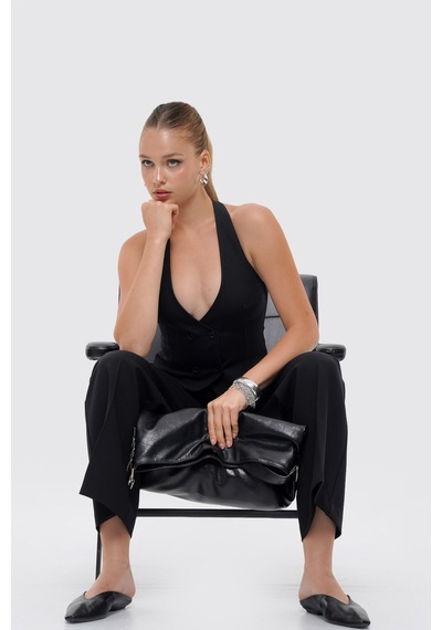 Thalure Kadın Siyah Halter Yaka Kruvaze Fit Yelek