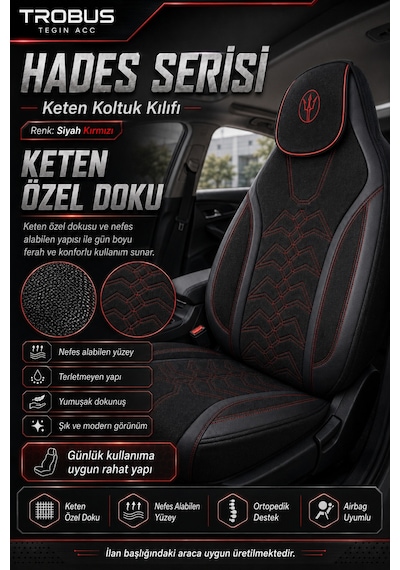 Tesla Model 3 2017 Ve Sonrası Uyumlu Hades Serisi Keten Koltuk Kılıfı Siyah Kırmızı 37683667
