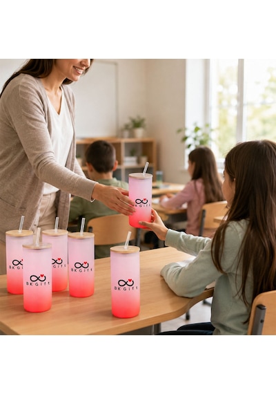 Logonuza Özel 5 Adet Pipetli Cam Matara 600 Ml Ahşap Kapaklı Kurumsal Suluk Pembe