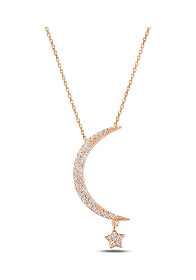 Çekirdekjewelry 925 Ayar Gümüş Sarı Altın Kaplama Taşlı Hilal Yıldız Kolye Pembe