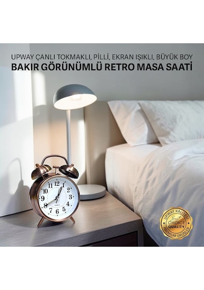 Upway Retro Tarz Bakır Masa Saati Büyük Boy Çanlı Tokmaklı Işıklı Metal Kasalı Bakır