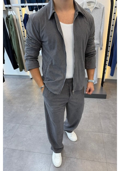 Mass Plus Slimfit Yakalı Astarlı Yan Cep Baggy Pantolonlu Kadife Takım Gri