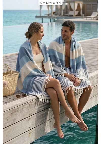Calmera Natura Peştemal Pamuk - Doğal Saçaklı Plaj, Deniz, Havuz, Spa, Sauna, Spor, Seyahat Havlusu - Mavi