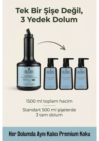 Zephyr Breeze Zeytinyağlı Hamam Kokulu Sıvı Sabun Refill 1500 Ml 3x500 Ml Ekonomik Paket