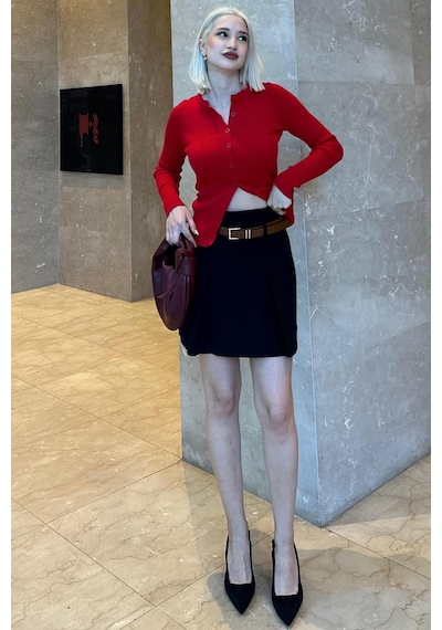 Madmext Siyah Pileli Kemerli Şortlu Kadın Etek Mg2247