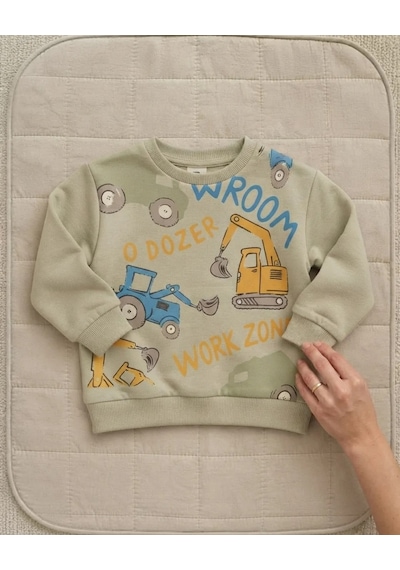 Tuffy Bej Erkek Bebek Açık Yeşil Renkli Dozer Baskılı Sweatshirt