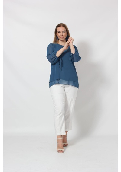 Moda Berray 3243-1 İndigo Kol Ucu Bağlama Detaylı Bluz 001
