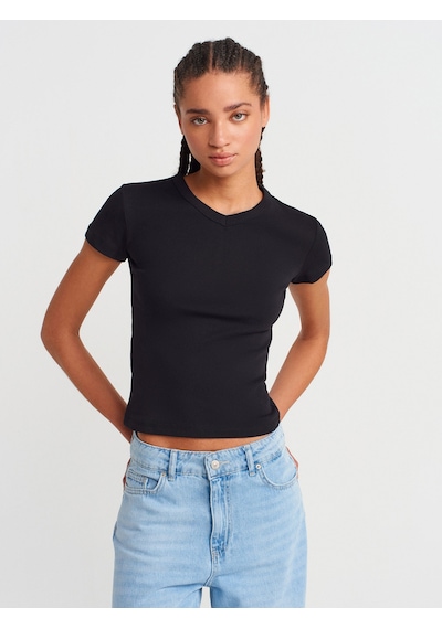 Dilvin 31673 V Yaka T-shirt-siyah Siyah