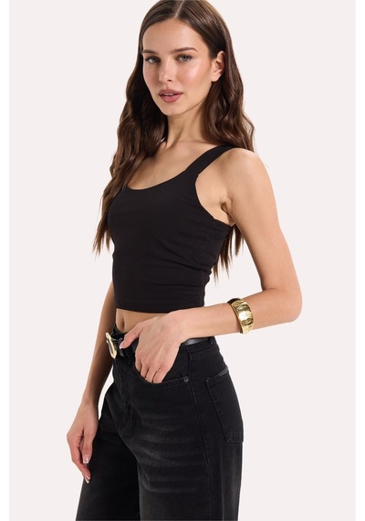 Tudors Kadın Slim Fit Dar Kesim Likralı Siyah Crop Atlet -50611