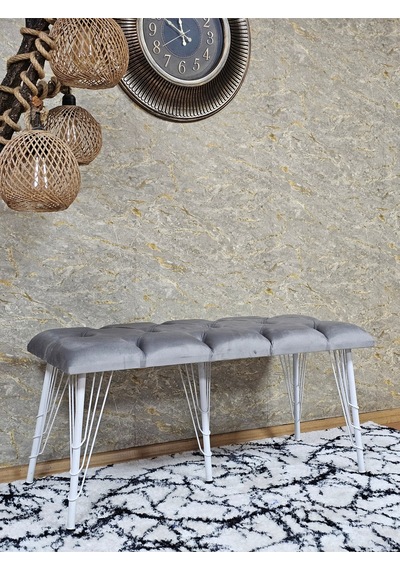 Zafir Metal Beyaz Tel Ayaklı 100 Cm Puf Bench - Puf - Bench - Oturak - Mutfak Oturağı - Antre Oturağı Gri