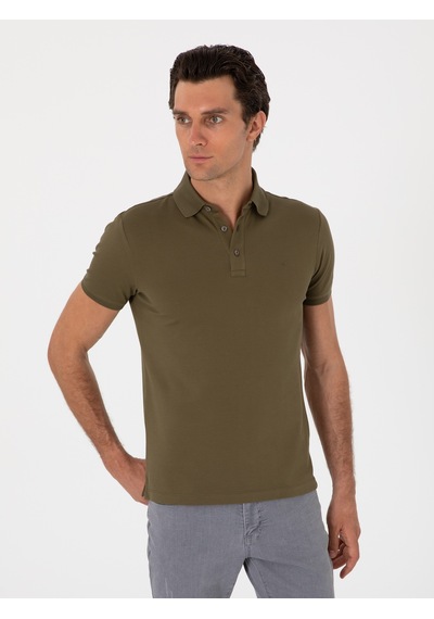 Haki Slim Fit %100 Pamuk Polo Yaka T-shirt Yeşil