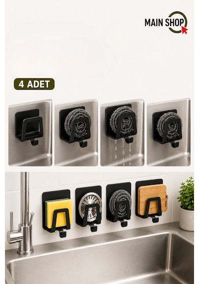 Mainshop 4 Adet Musluk Yanı Sünger Askılığı Evye Sünger'liği Banyo Mutfak Kancalı Düzenleyici M-sng2 Siyah