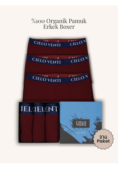 Cielo Venti Night Collection 3'lü Organik Pamuk Erkek Boxer Bordo