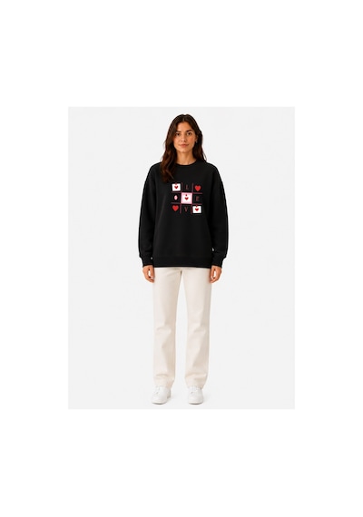 Herkesemoda Kalp Baskı Detaylı Şardonlu 2 İplik Bisiklet Yaka Sweatshirt Siyah