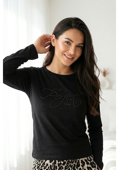 Aura Collections Kadın Desenli Bambu Viskon Uzun Kollu Soft Örme Mevsimlik Pijama Takımı Siyah