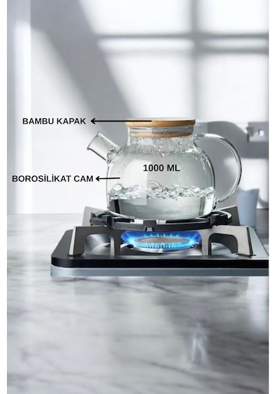 Cam Çaydanlık Isıya Dayanıklı Bambu Kapaklı Bitki Çaydanlık