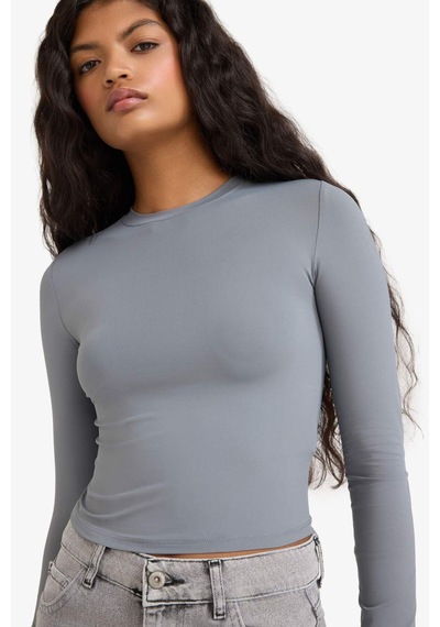 Defacto Fitted Bisiklet Yaka Uzun Kollu Tişört D0199ax25augr436 Gri