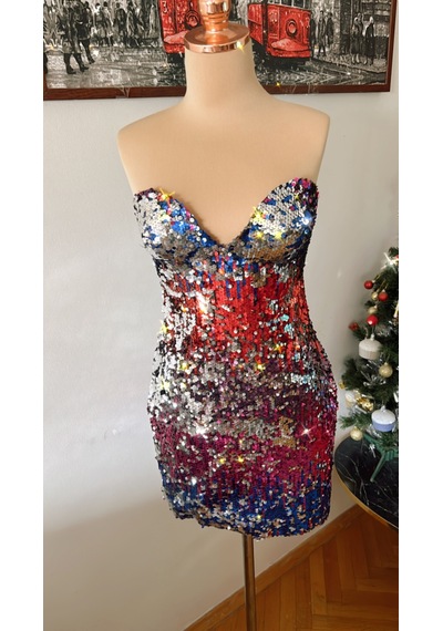 Chica Rosa Fashion Pullu Çok Renkli Straplez Mini Elbise