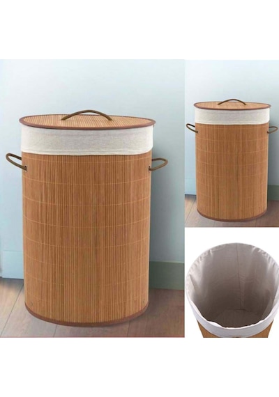Lorin Katlanır Bambu Banyo Çamaşır Kirli Sepeti Yuvarlak 35x50 CM 61 L