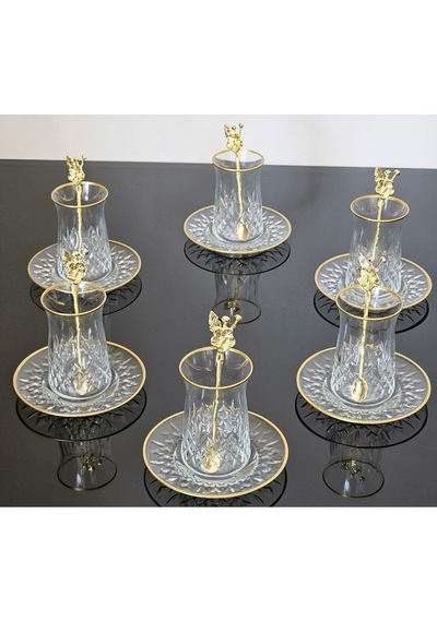 Atabey Home Collection 18 Parça Odin Çay Seti Japon Gülü Çay Kaşikli Cam Tabakli Gold Detayli