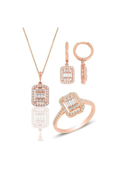 Gümüş Rose Baget Taşlı Çizgili Üçlü Set