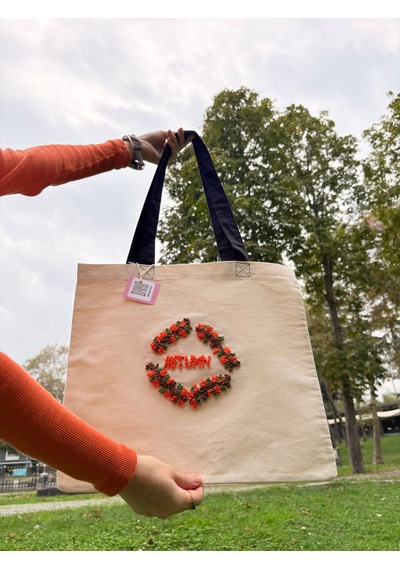 Bolergıashop Autumn Tasarım Canvas Omuz Çantası Bej - Turuncu Punch İşleme