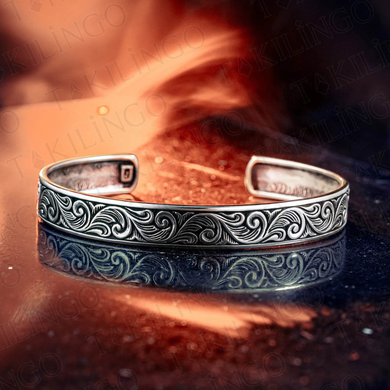 925 Ayar Gümüş Kalem İşlemeli Osmanlı El Yapımı Açık Cuff Erkek Bileklik Gümüş
