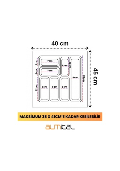 40x45 Beyaz Çekmece İçi Kaşıklık 7 Gözlü Ürünü 38 41 Cm'e Kadar Kesebilirsiniz Diğer